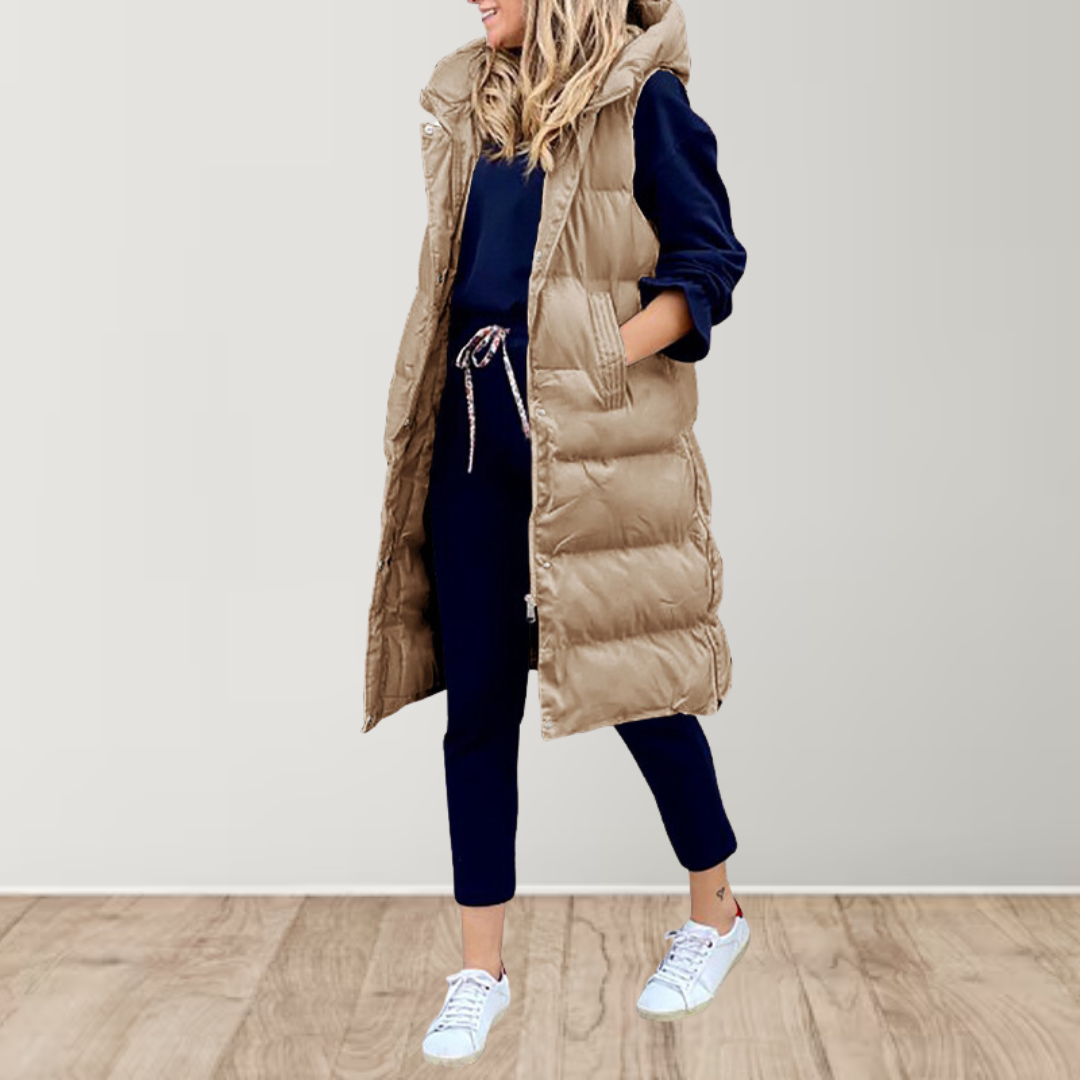Women's Longline Hooded Puffer Vest | Drawstring Waist