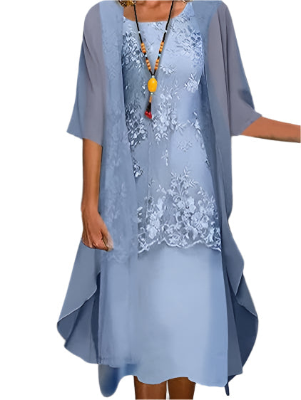Women's Elegant Midi Dress and Sheer Cardigan Set | Two Piece