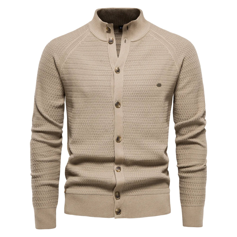 Men's Stand Collar Button Front Cardigan | Textured