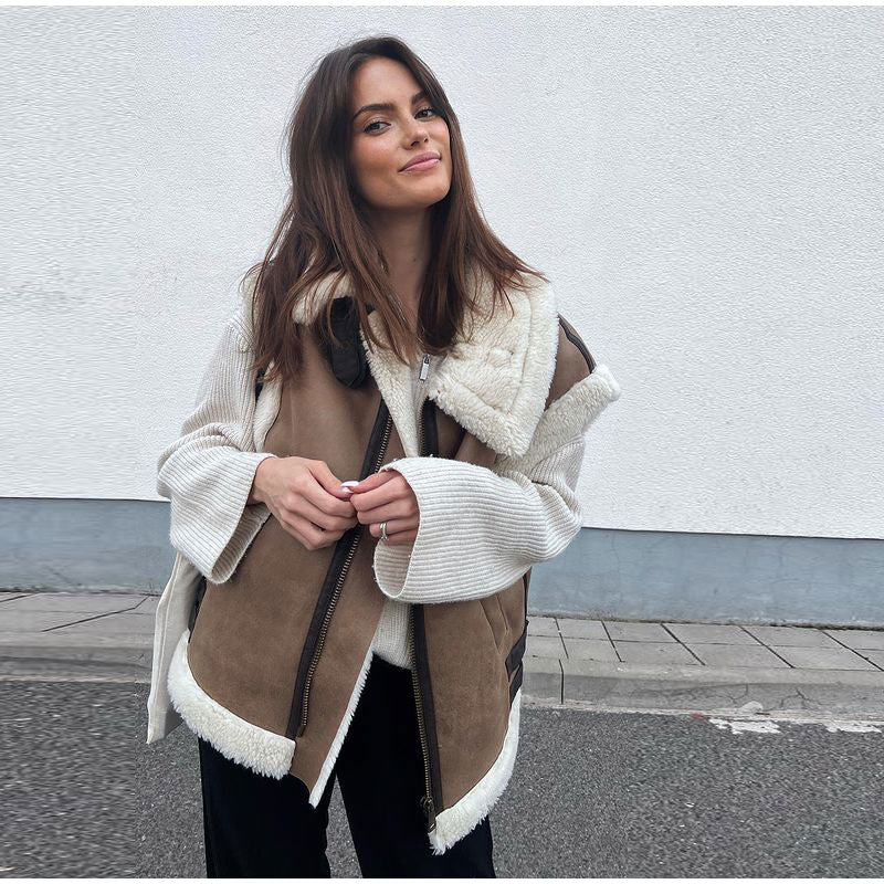 Women's Contrast Trim Zip-Up Vest | Shawl Collar