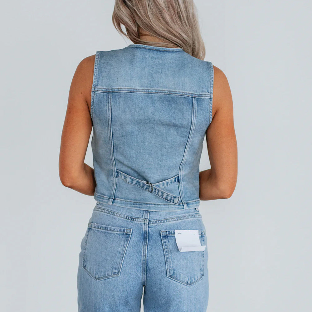 Women's Fitted Denim Vest | Chest Pocket