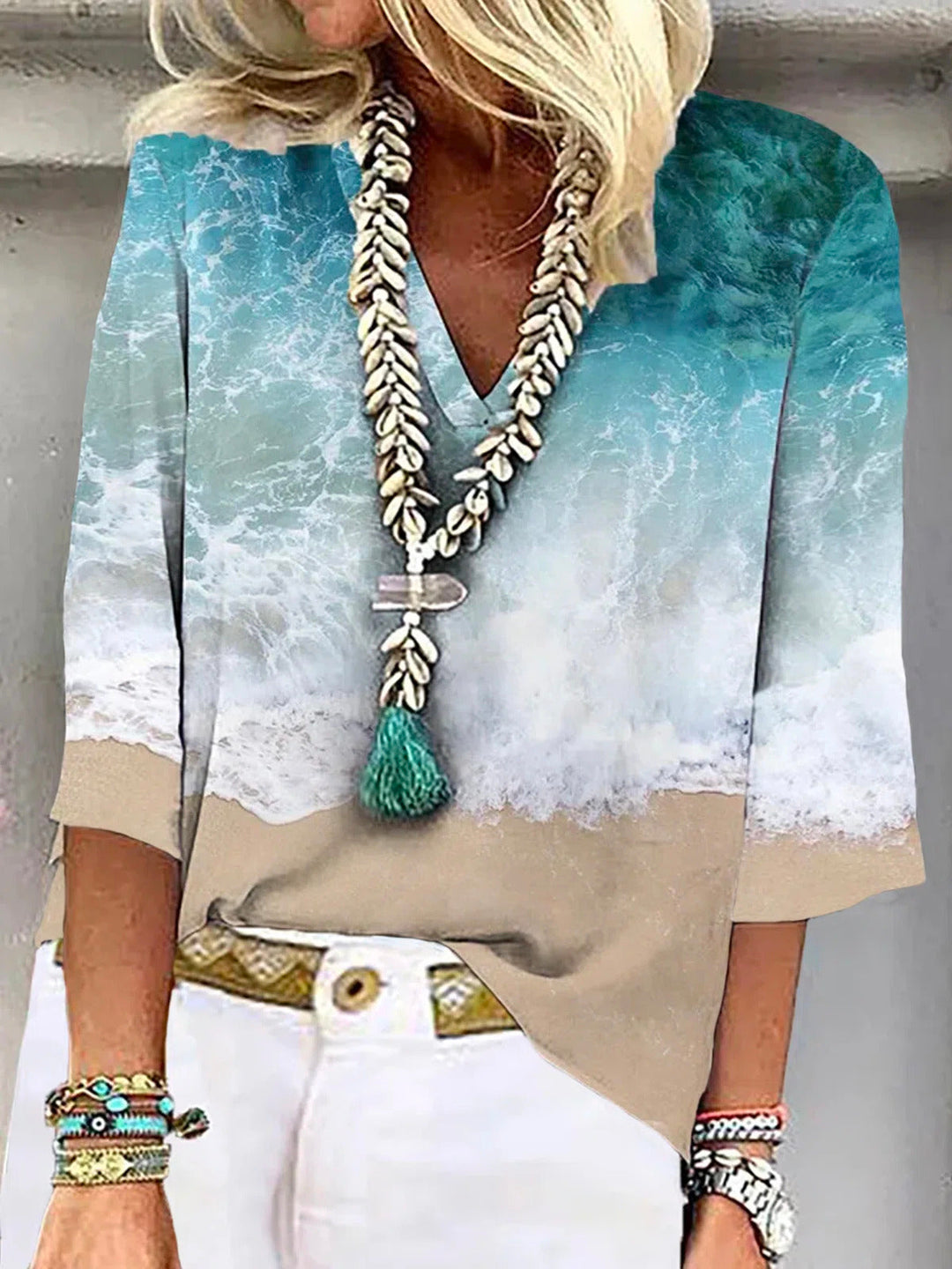 Women's Abstract Print V-Neck Top | 3/4 Sleeve
