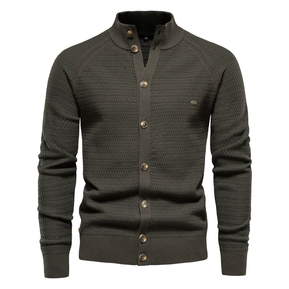Men's Stand Collar Button Front Cardigan | Textured