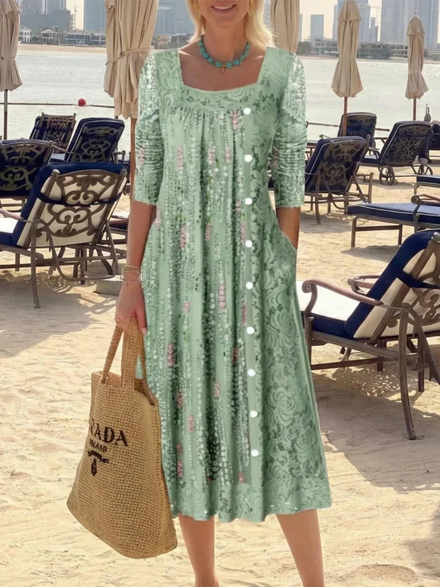 Women's Square Neck Long Sleeve Dress | Midi