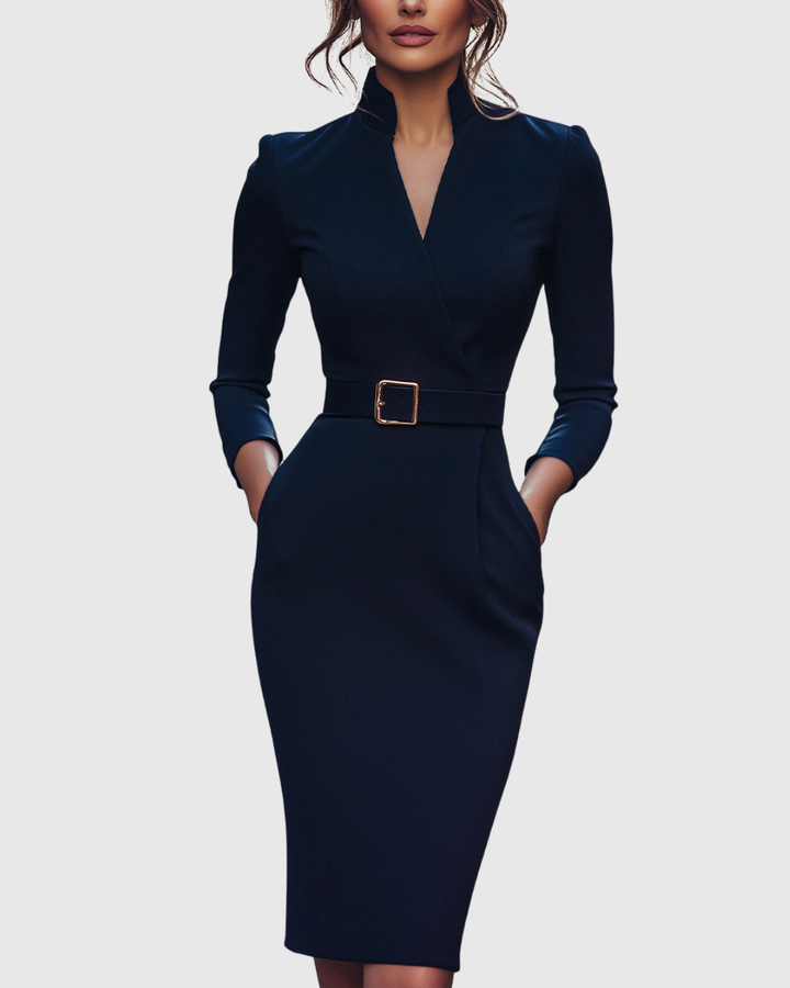 Women's Tailored Formal Belted Dress | Midi