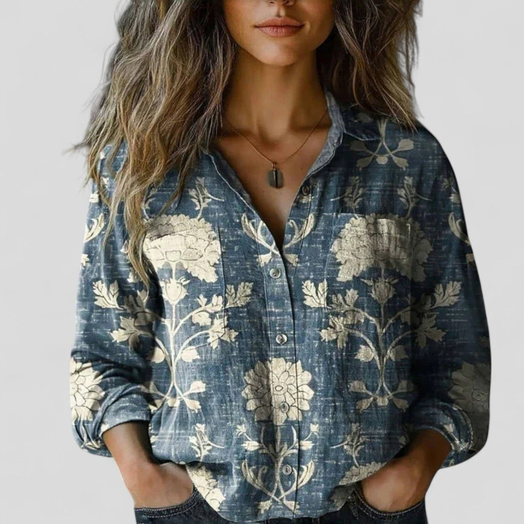 Women's Vintage Boho Print Collared Shirt | Long Sleeves