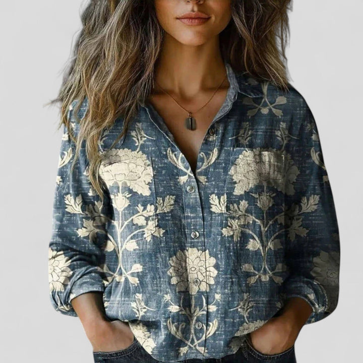 Women's Vintage Boho Print Collared Shirt | Long Sleeves