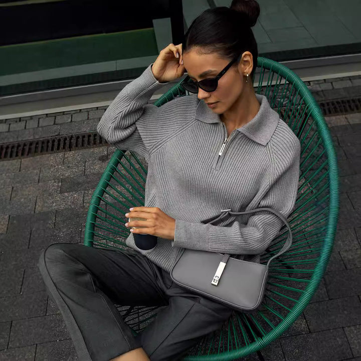 Women's Quarter Zip Polo Jumper | Ribbed