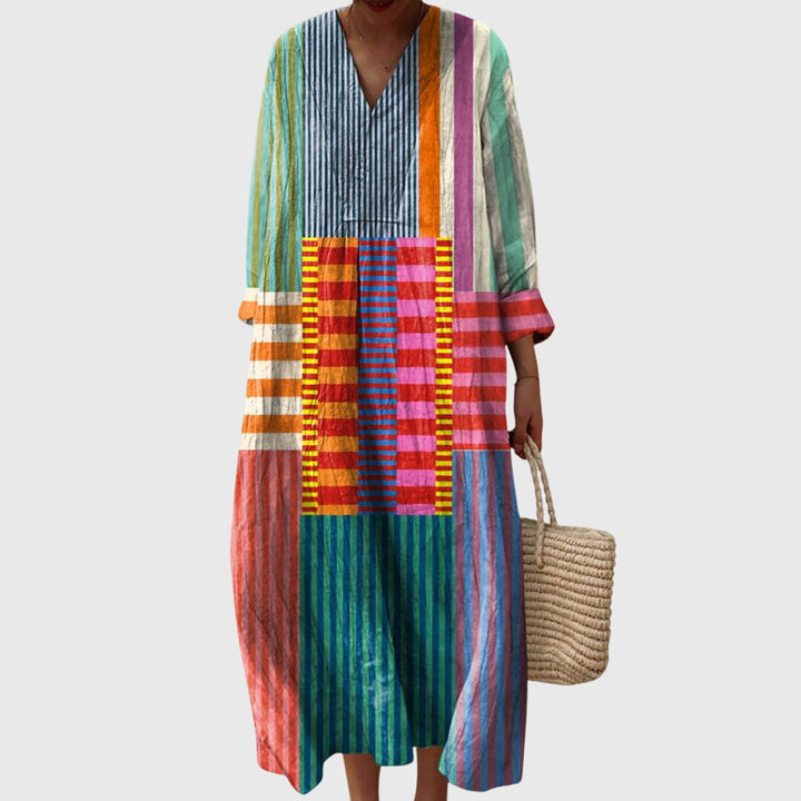 Women's Vintage Boho Print Shift V-Neck Dress | Midi