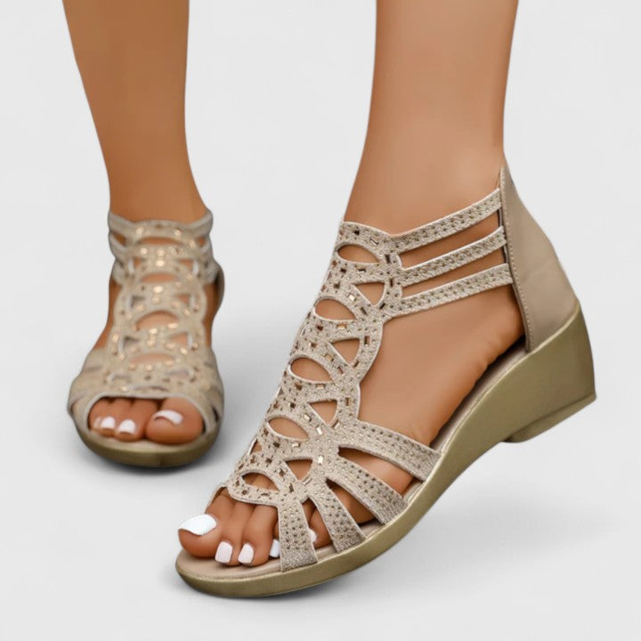 Women's Boho Cutout Low Wedge Sandals | Zip Closure