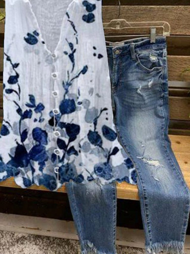 Women's V-neck Floral Print Sleeveless Blouse | Summer