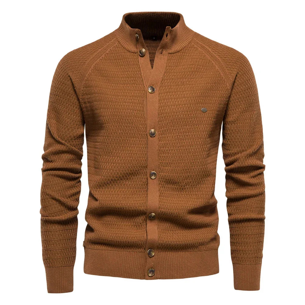 Men's Stand Collar Button Front Cardigan | Textured