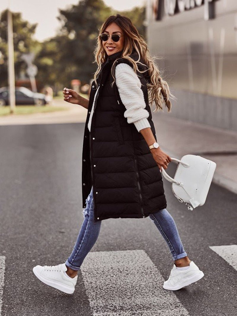 Women's Longline Puffer Vest | Stand Collar