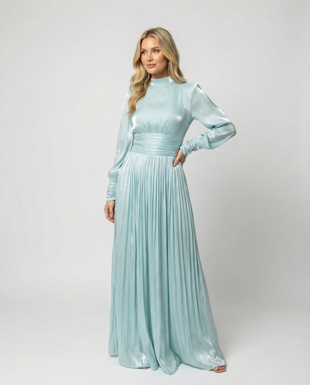 Women's Elegant Balloon-Sleeve Pleated Dress | Maxi