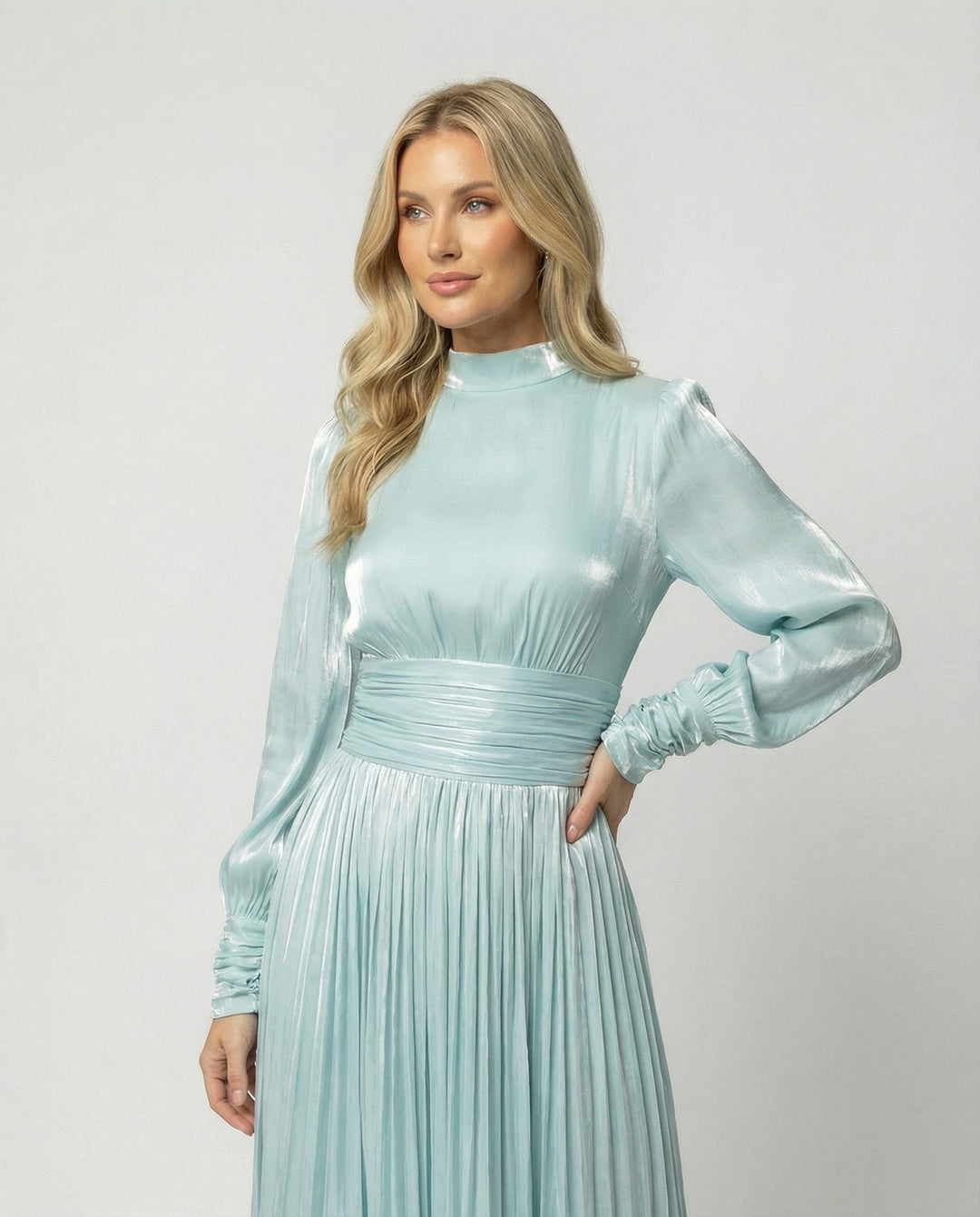 Women's Elegant Balloon-Sleeve Pleated Dress | Maxi