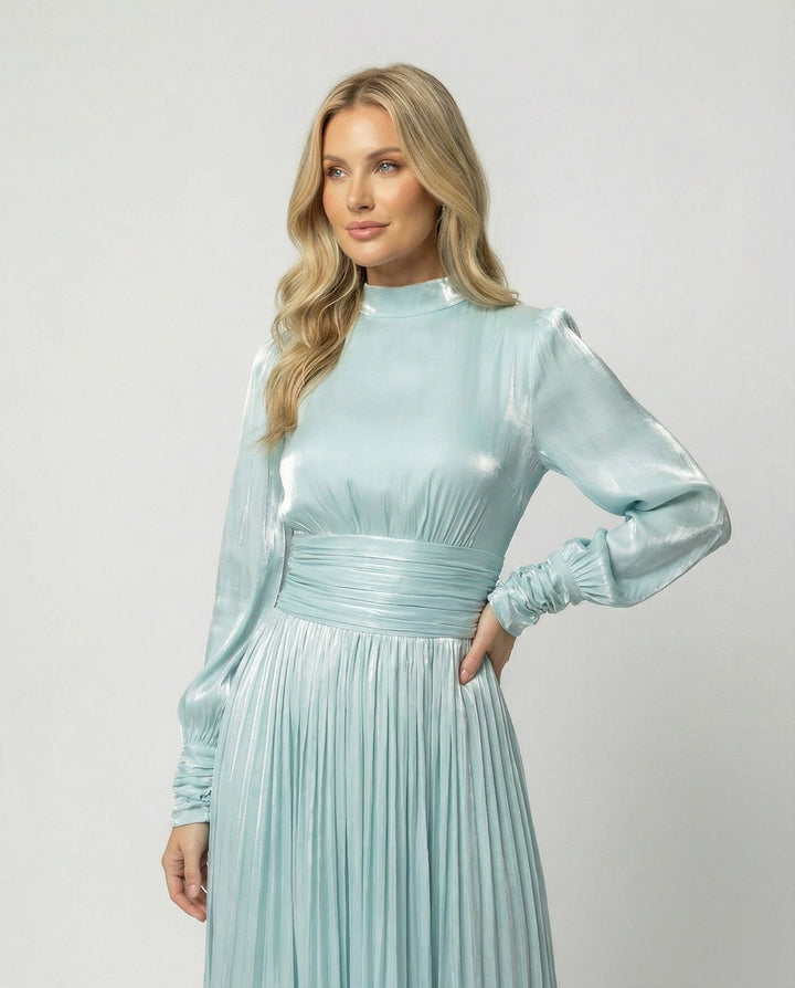 Women's Elegant Balloon-Sleeve Pleated Dress | Maxi