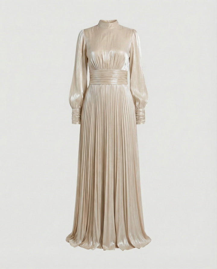 Women's Elegant Balloon-Sleeve Pleated Dress | Maxi