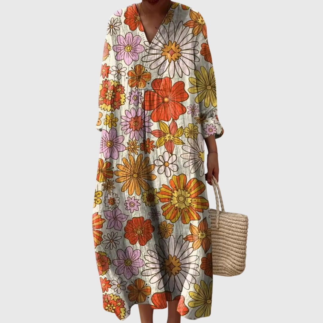 Women's Vintage Boho Print Shift V-Neck Dress | Midi