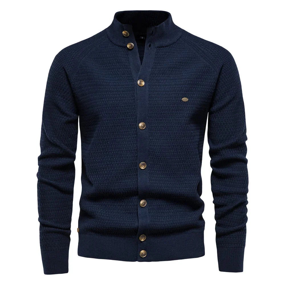 Men's Stand Collar Button Front Cardigan | Textured