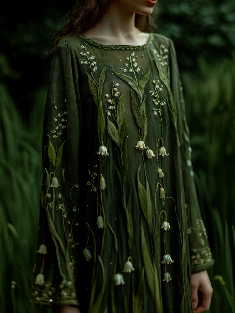 Women's Long Sleeve Floral Green Midi Dress | Halloween