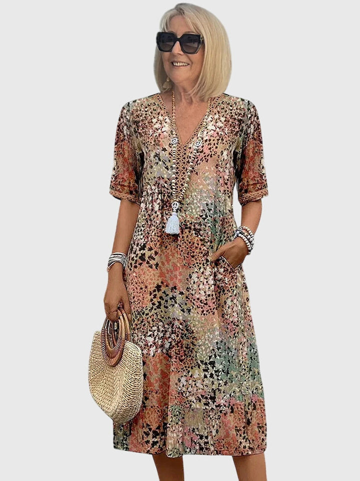 Women's Elegant V-Neck Floral Print Dress | Midi