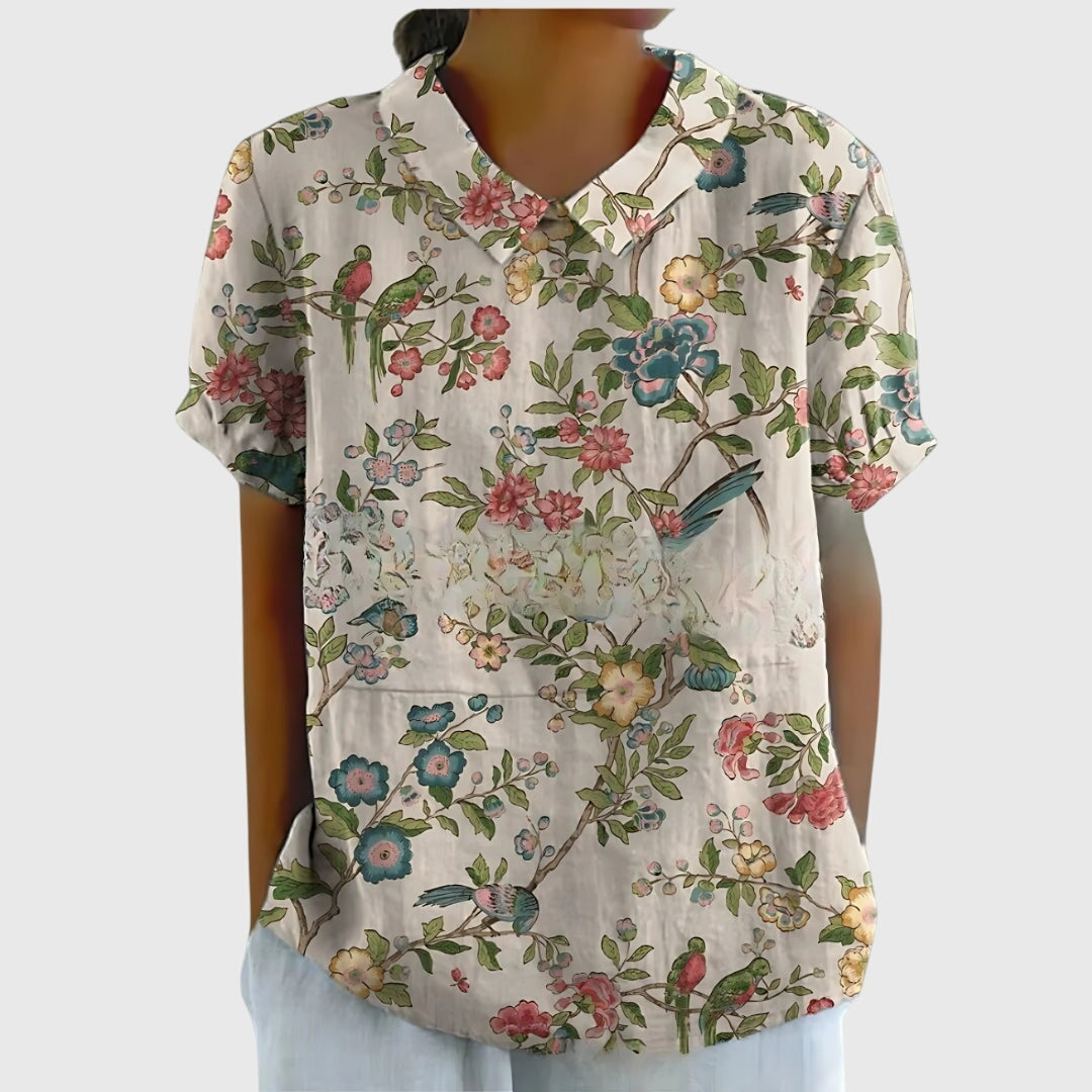 Women's Vintage Floral Peter Pan Collared Blouse | Short Sleeves