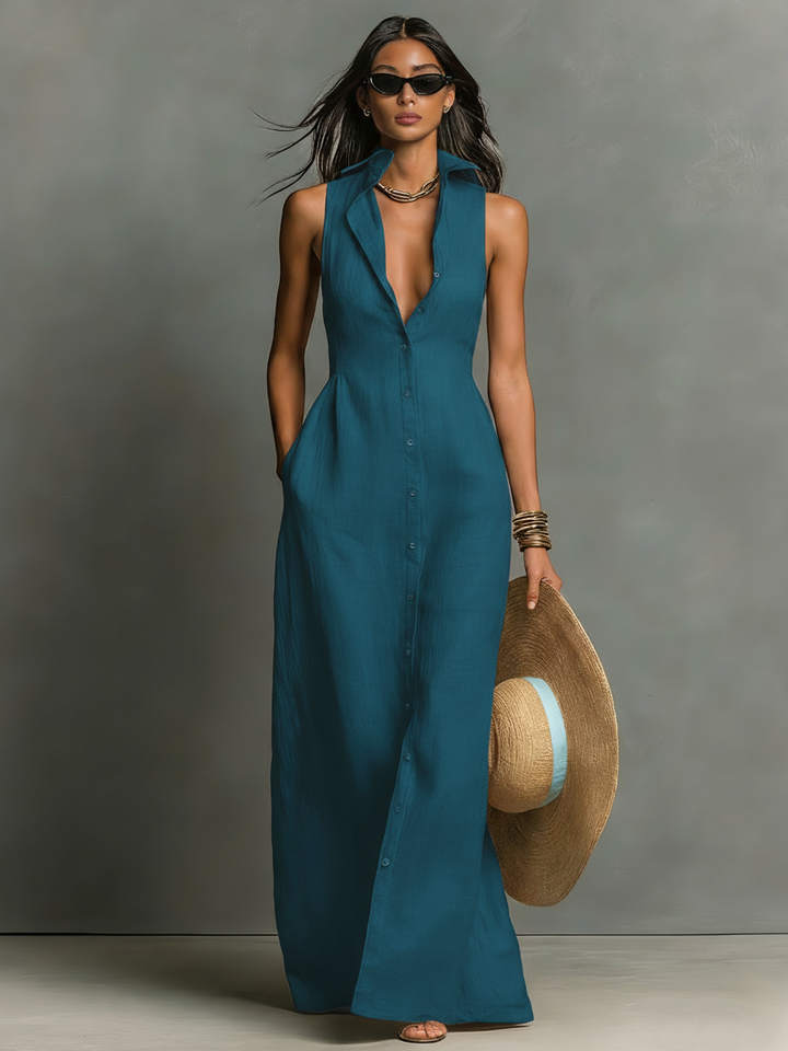 Women's Button Front Sleeveless Dress | Maxi