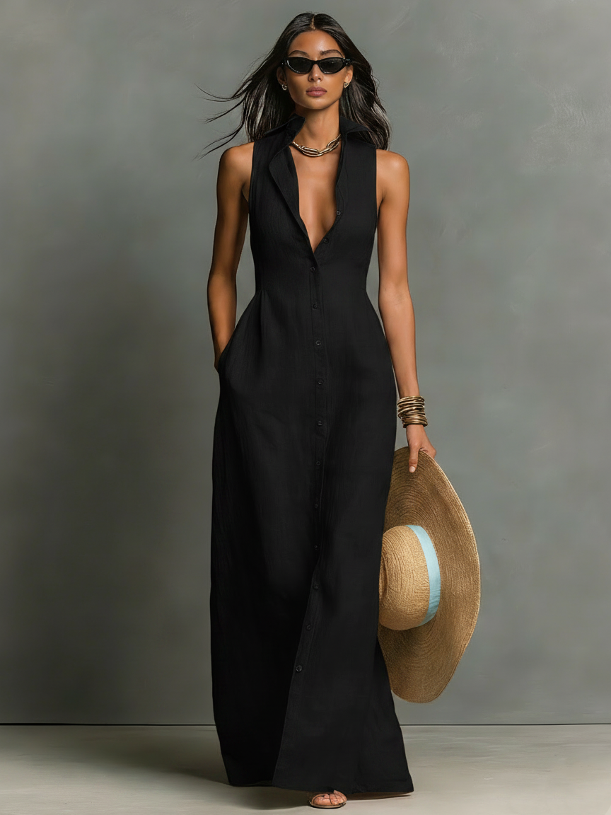 Women's Button Front Sleeveless Dress | Maxi