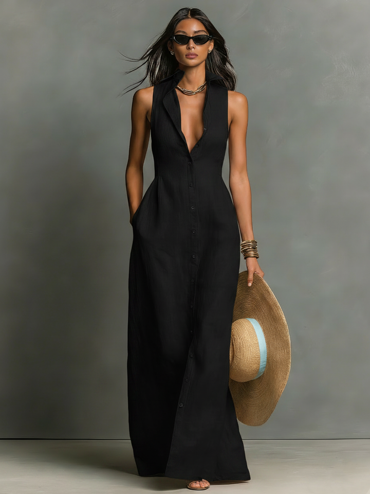 Women's Button Front Sleeveless Dress | Maxi