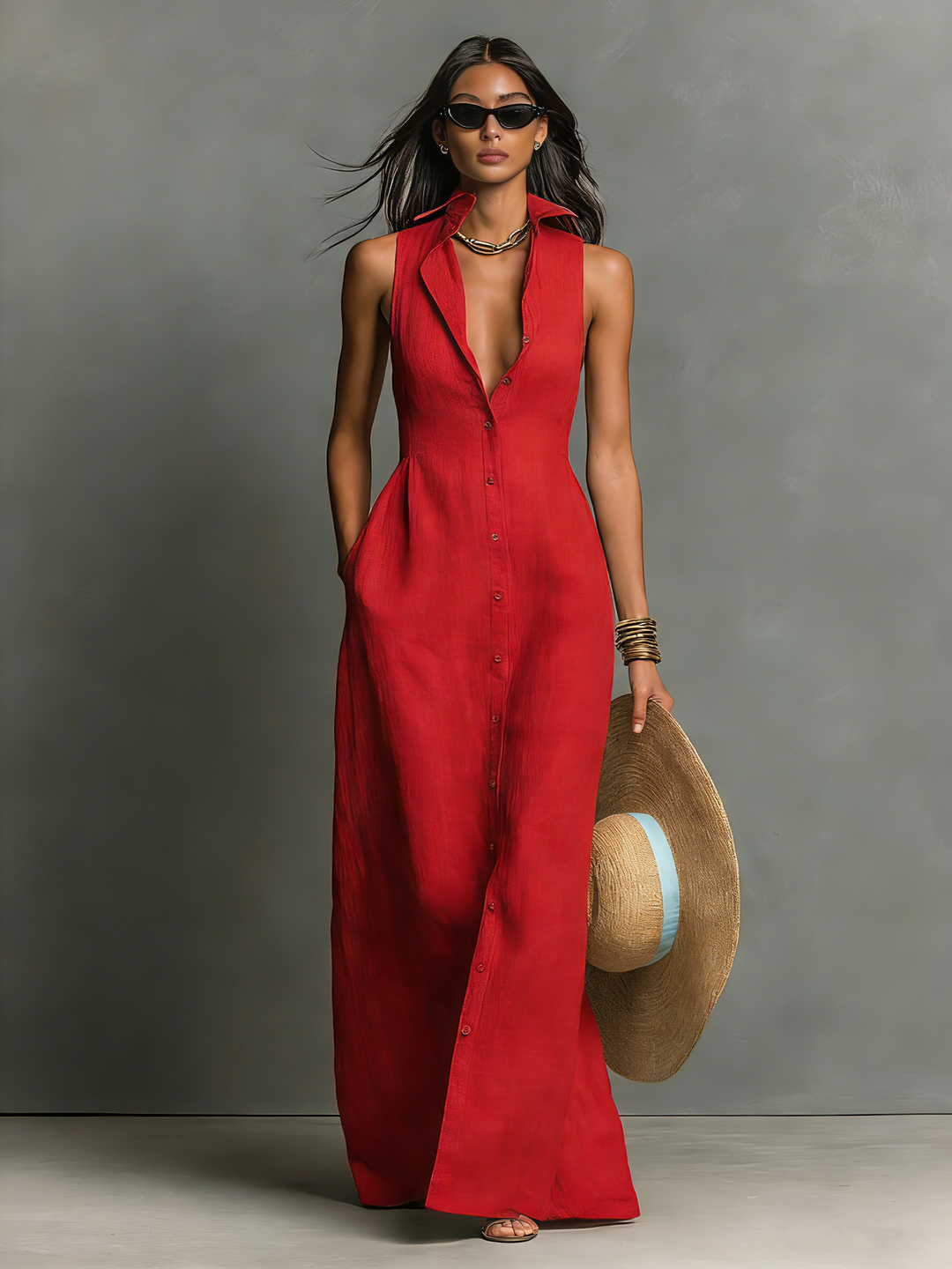 Women's Button Front Sleeveless Dress | Maxi