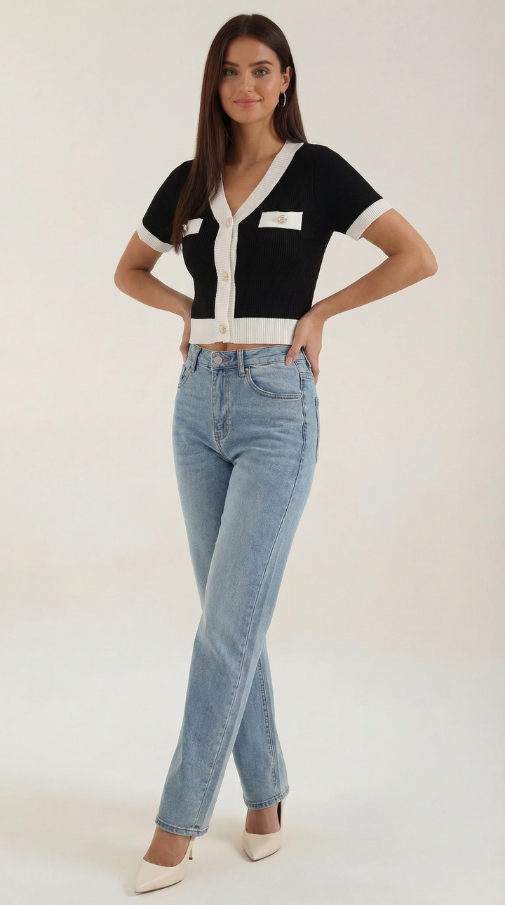 Women's Contrast Knit Cardigan | Short Sleeves