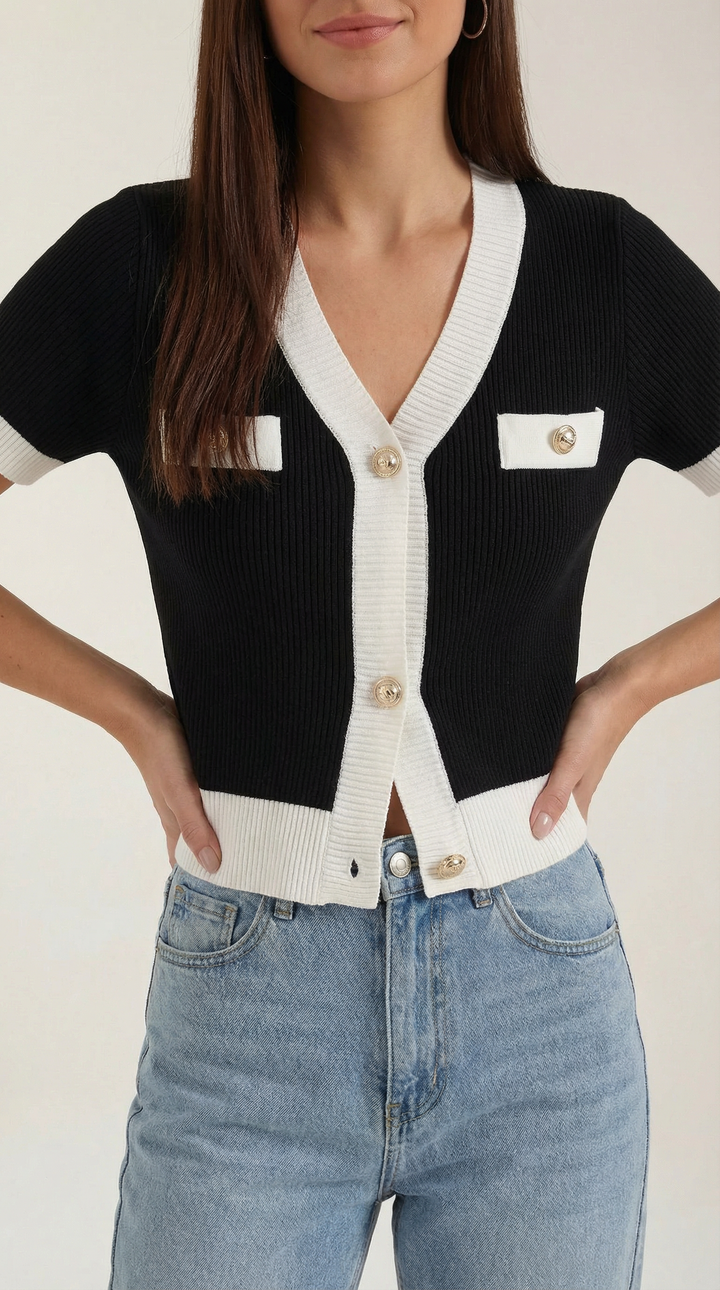 Women's Contrast Knit Cardigan | Short Sleeves