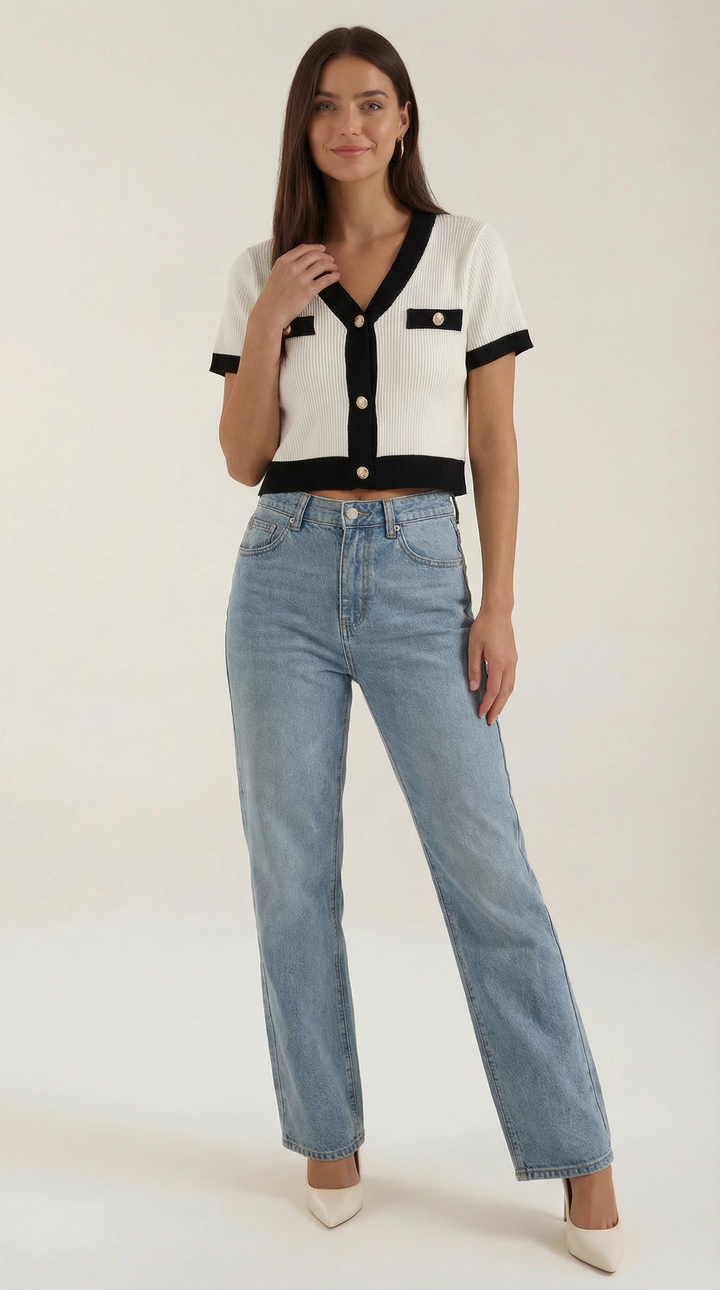 Women's Contrast Knit Cardigan | Short Sleeves