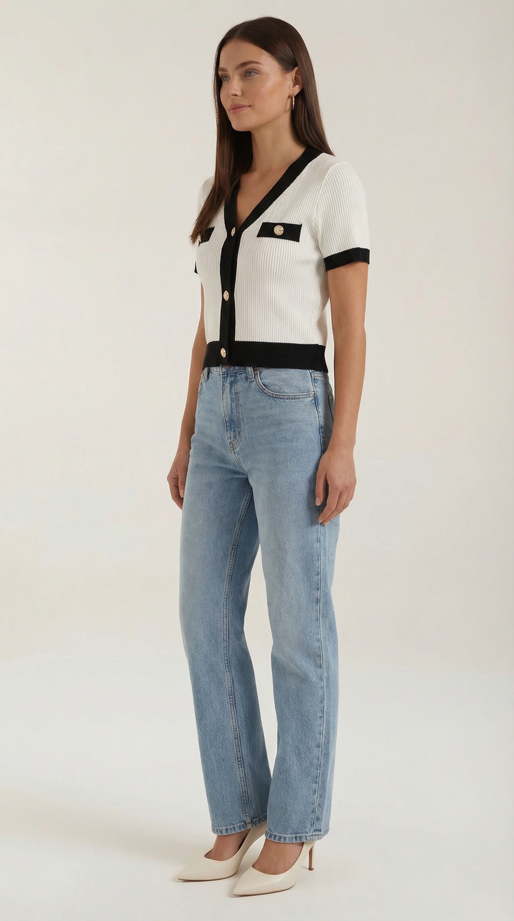 Women's Contrast Knit Cardigan | Short Sleeves