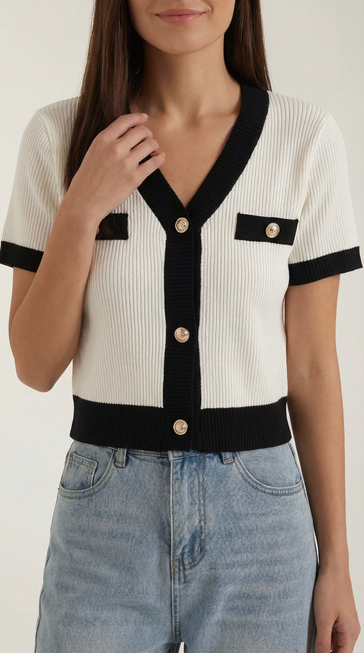 Women's Contrast Knit Cardigan | Short Sleeves