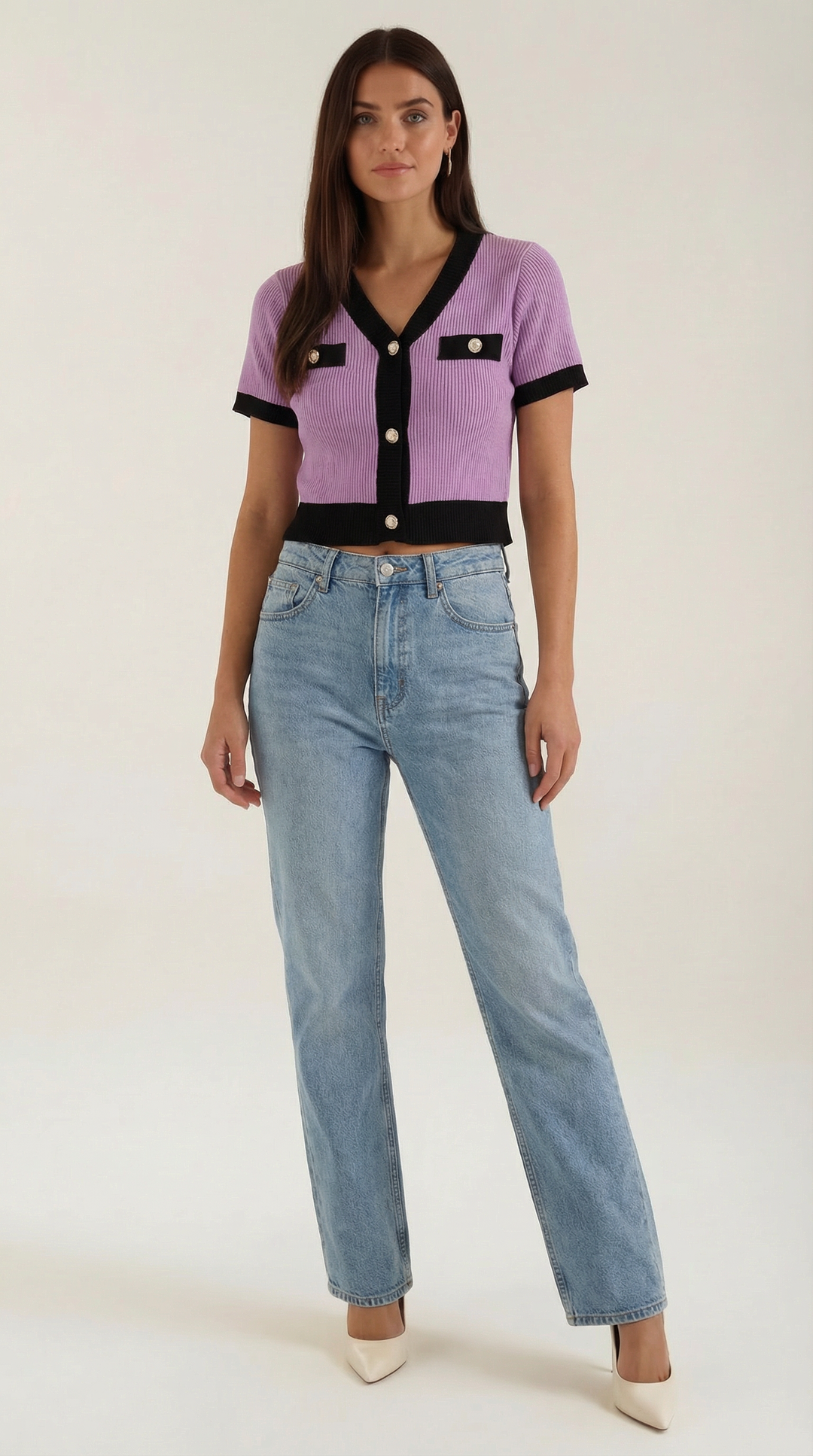 Women's Contrast Knit Cardigan | Short Sleeves