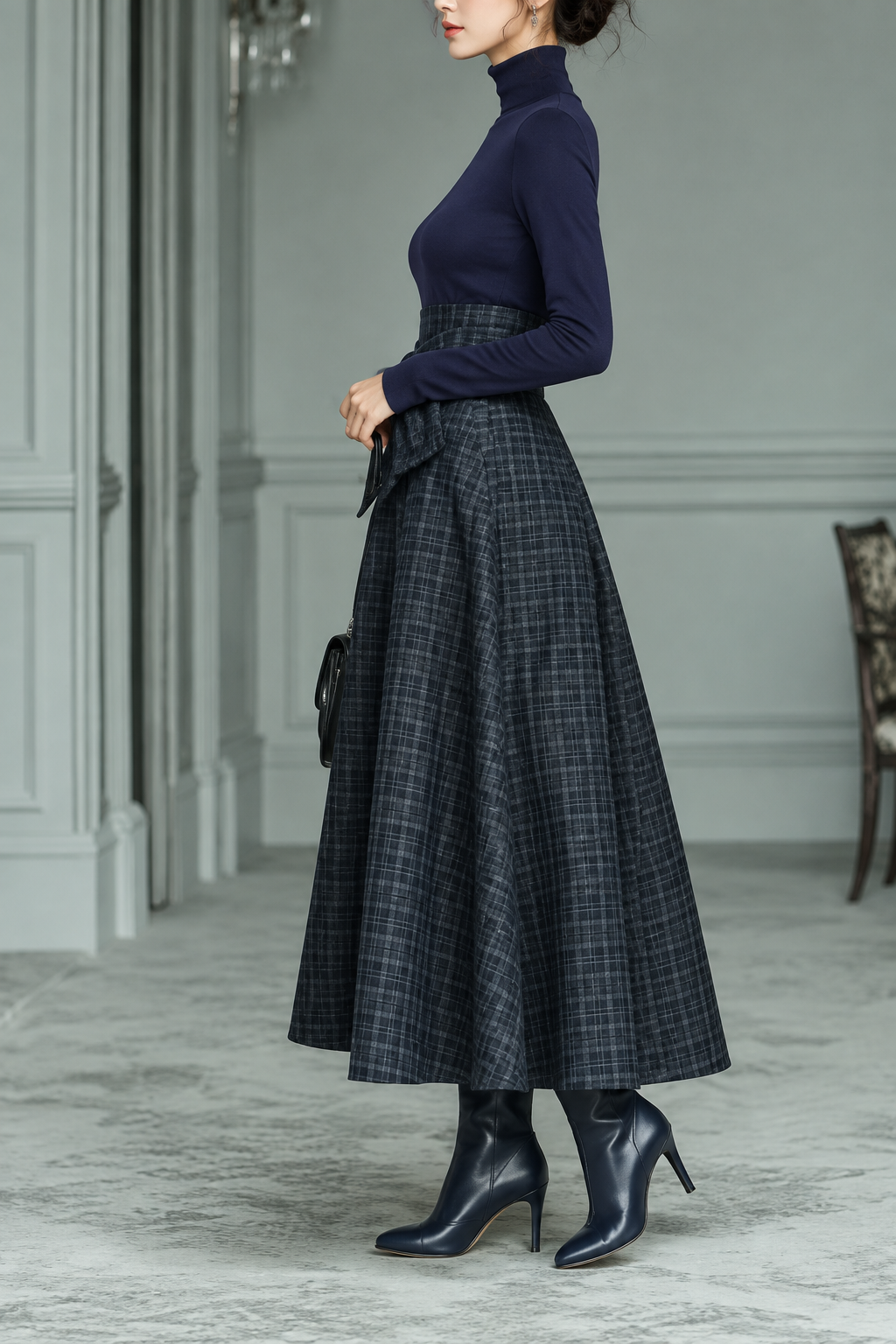 Women's Plaid Two-Piece Set | Turtleneck and Skirt