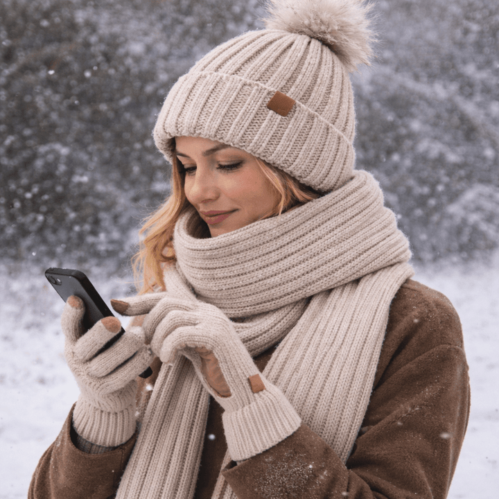 Women's 3-Piece Knitted Beanie Hat, Scarf And Gloves Set | Winter