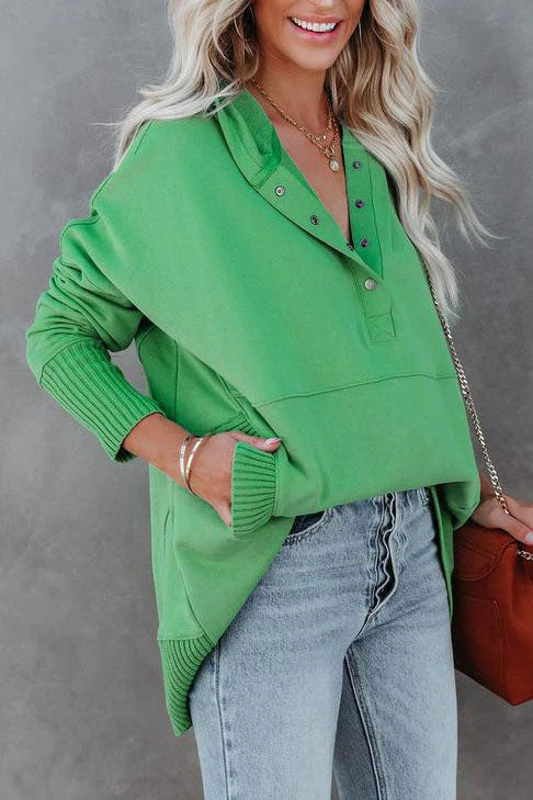 Women’s Oversized V-Neck Hooded Jumper | Button Detail