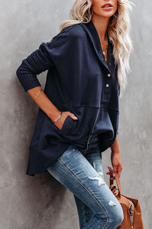 Women’s Oversized V-Neck Hooded Jumper | Button Detail