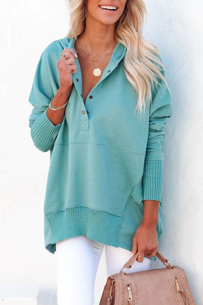 Women’s Oversized V-Neck Hooded Jumper | Button Detail