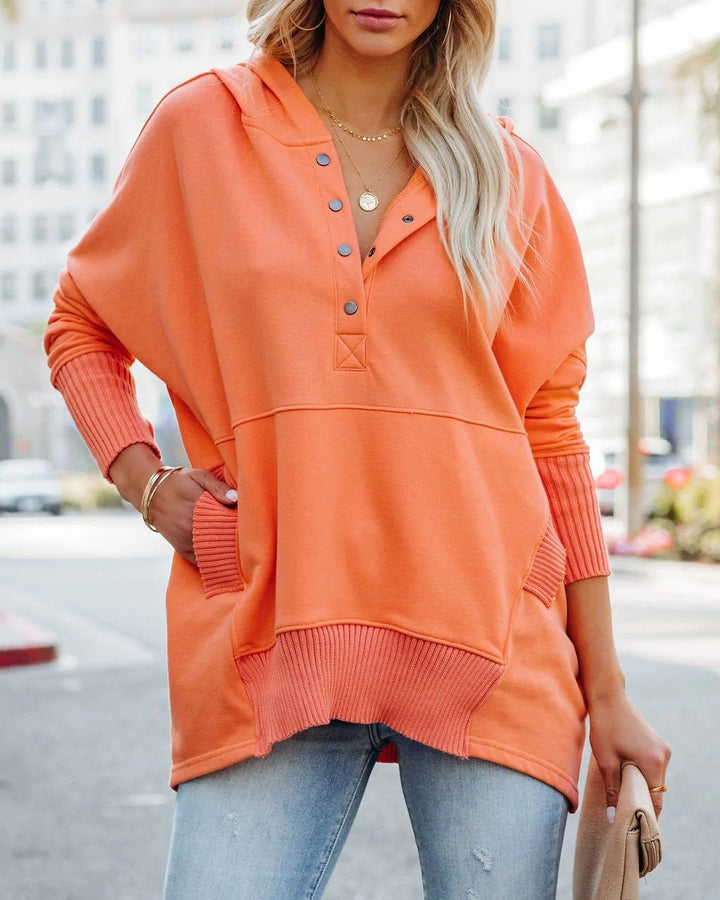 Women’s Oversized V-Neck Hooded Jumper | Button Detail
