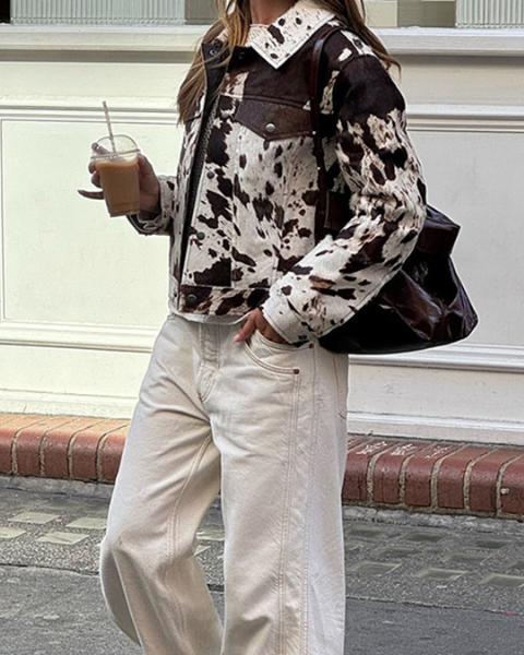 Women's Cow-Print Trucker Style Jacket | Stylish