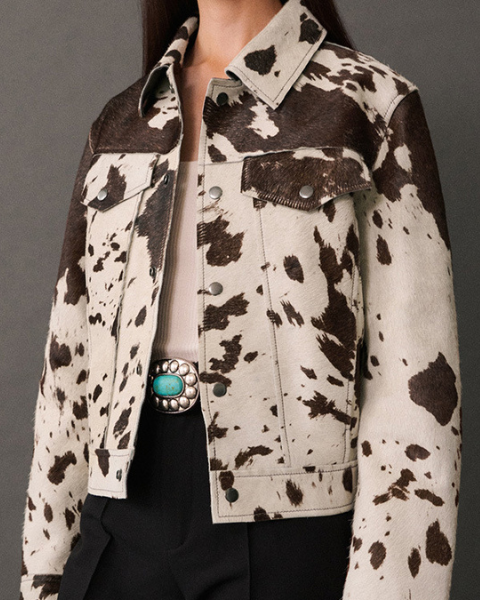 Women's Cow-Print Trucker Style Jacket | Stylish