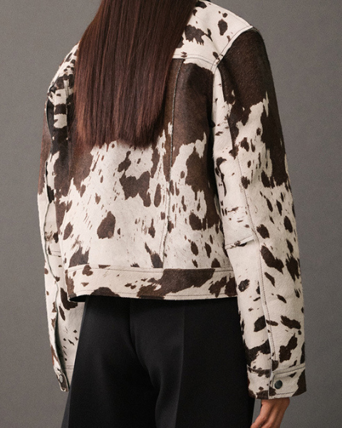 Women's Cow-Print Trucker Style Jacket | Stylish