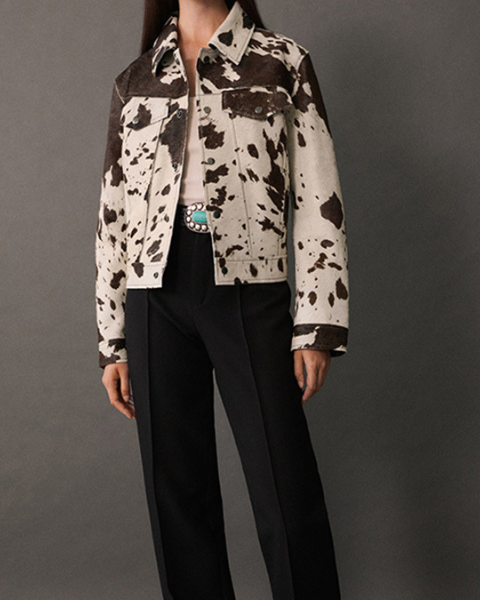 Women's Cow-Print Trucker Style Jacket | Stylish