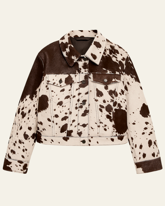Women's Cow-Print Trucker Style Jacket | Stylish