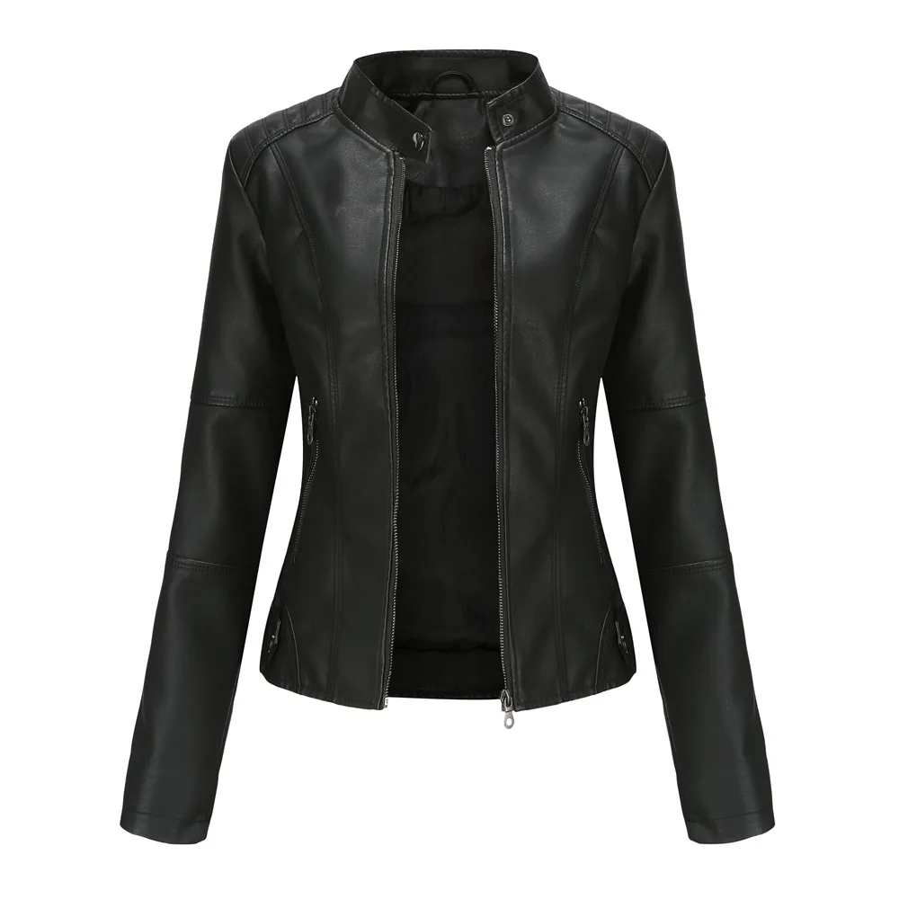 Women’s Stand Collar Zip Up Biker Jacket | Zip Pockets