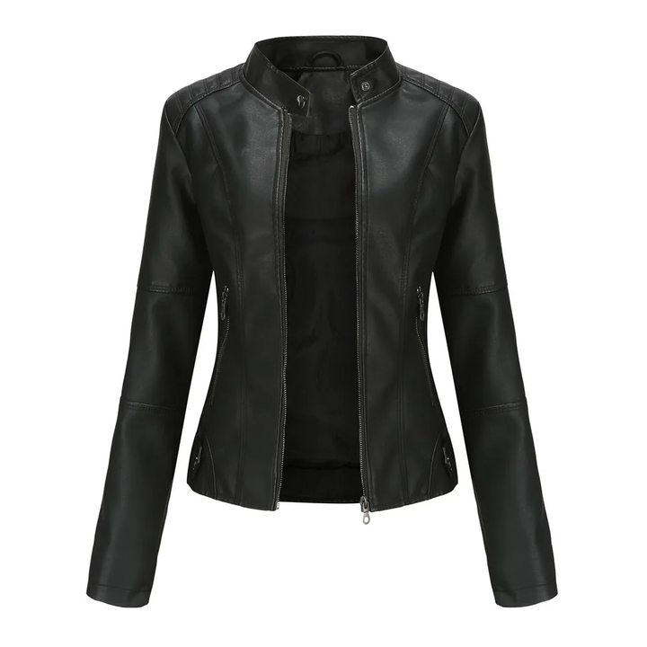 Women’s Stand Collar Zip Up Biker Jacket | Zip Pockets