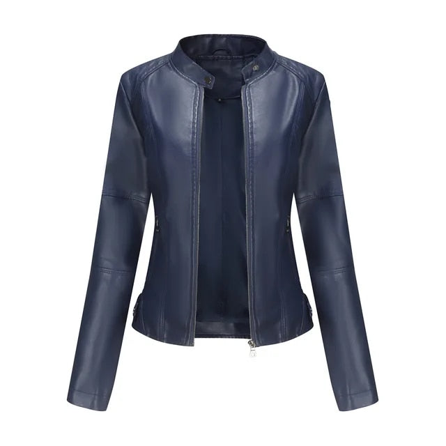 Women’s Stand Collar Zip Up Biker Jacket | Zip Pockets